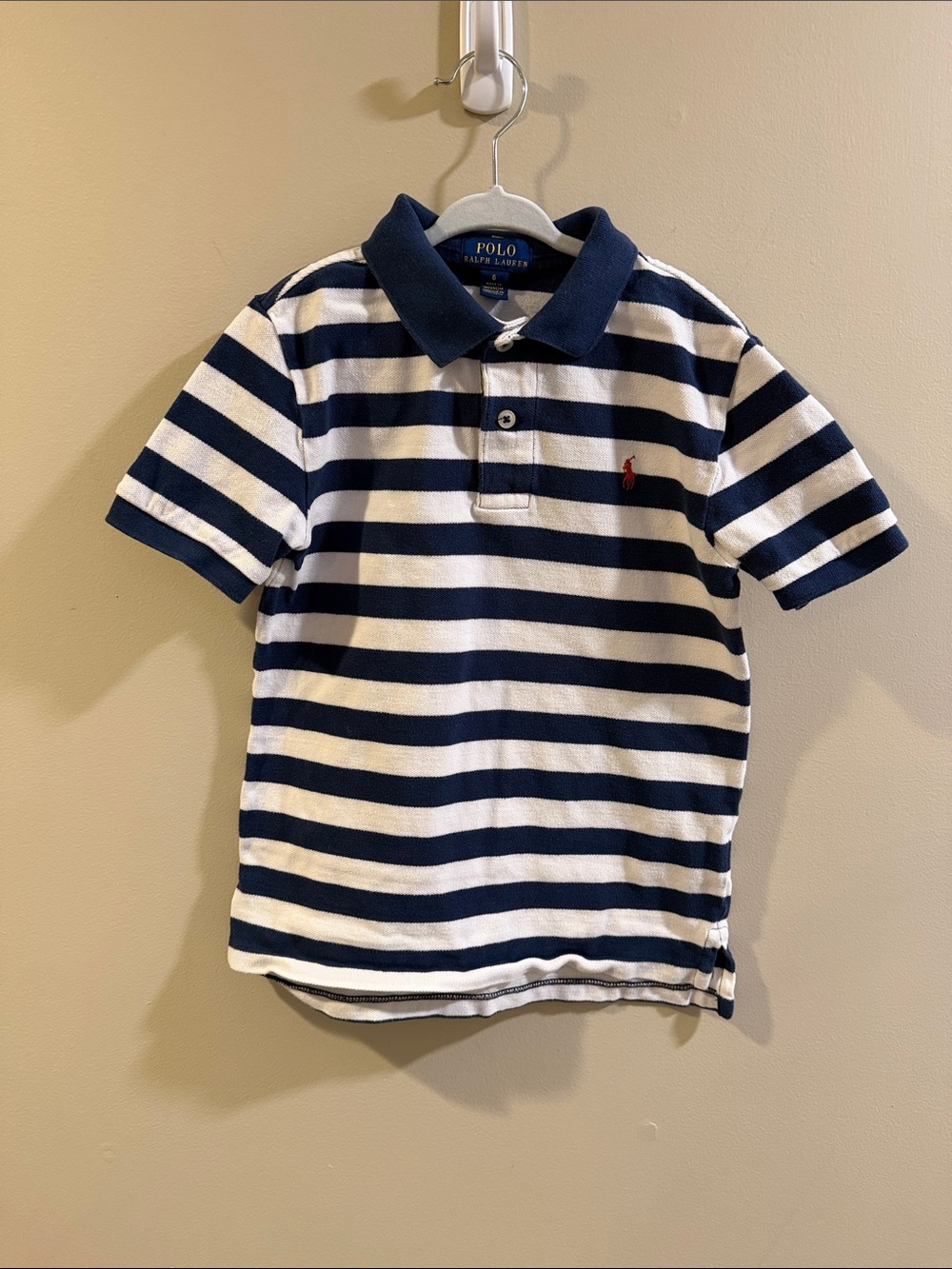 Polo by Ralph Lauren Navy & White Striped Polo Shirt with Red Pony